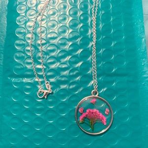 Silver round necklace with pink Pressed Flower